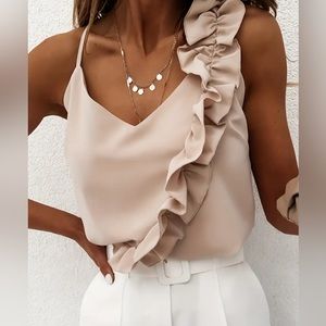 Ruffle Hem Spaghetti Strap Top, Elegant V-neck Sleeveless Cami Top For Summer